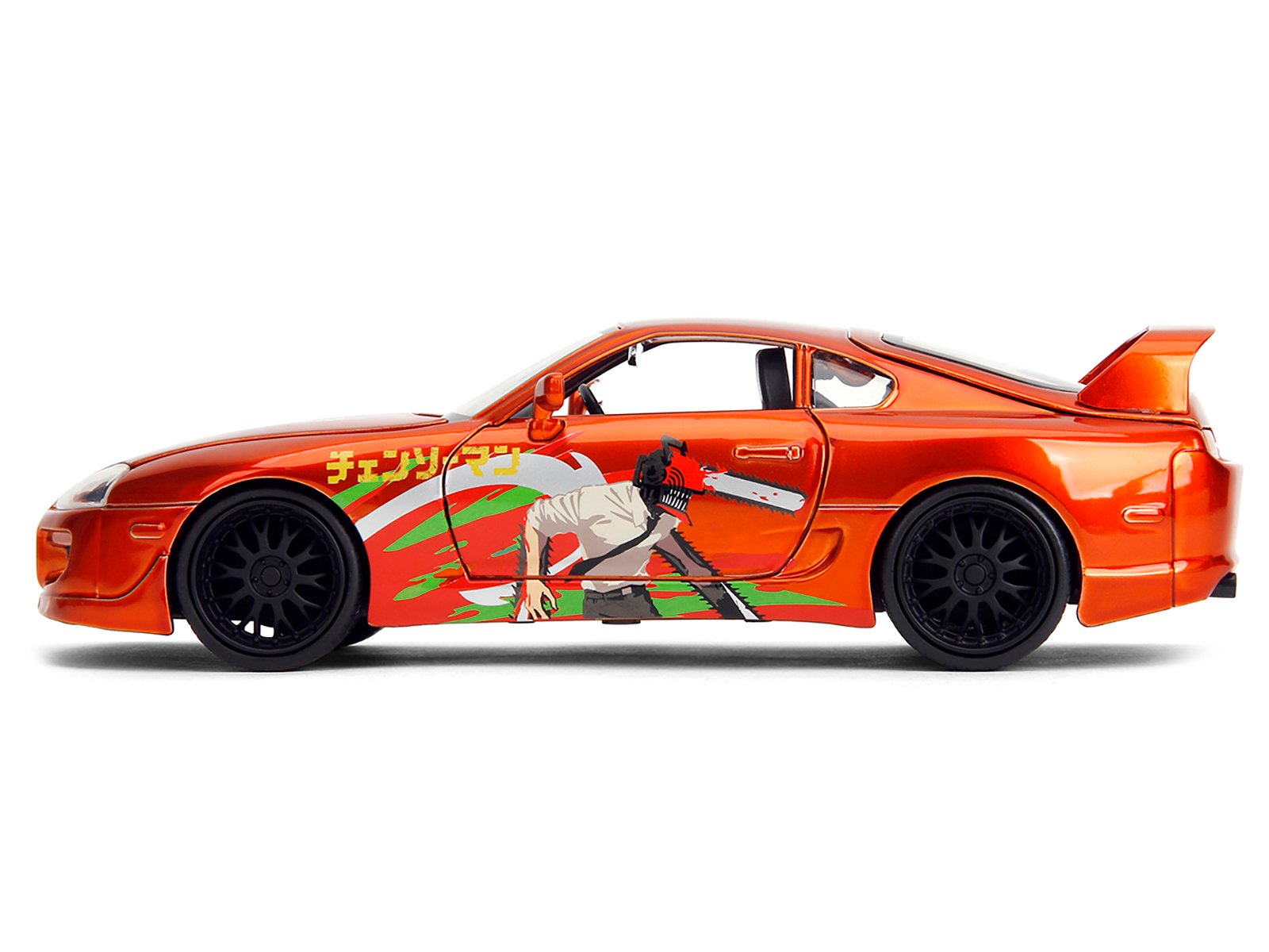 1995 Toyota Supra Orange Metallic with Graphics and Chainsaw Man Diecast Figure "Chainsaw Man" (2022) TV Series "Anime Hollywood Rides" Series 1/24 Diecast Model by Jada view 2