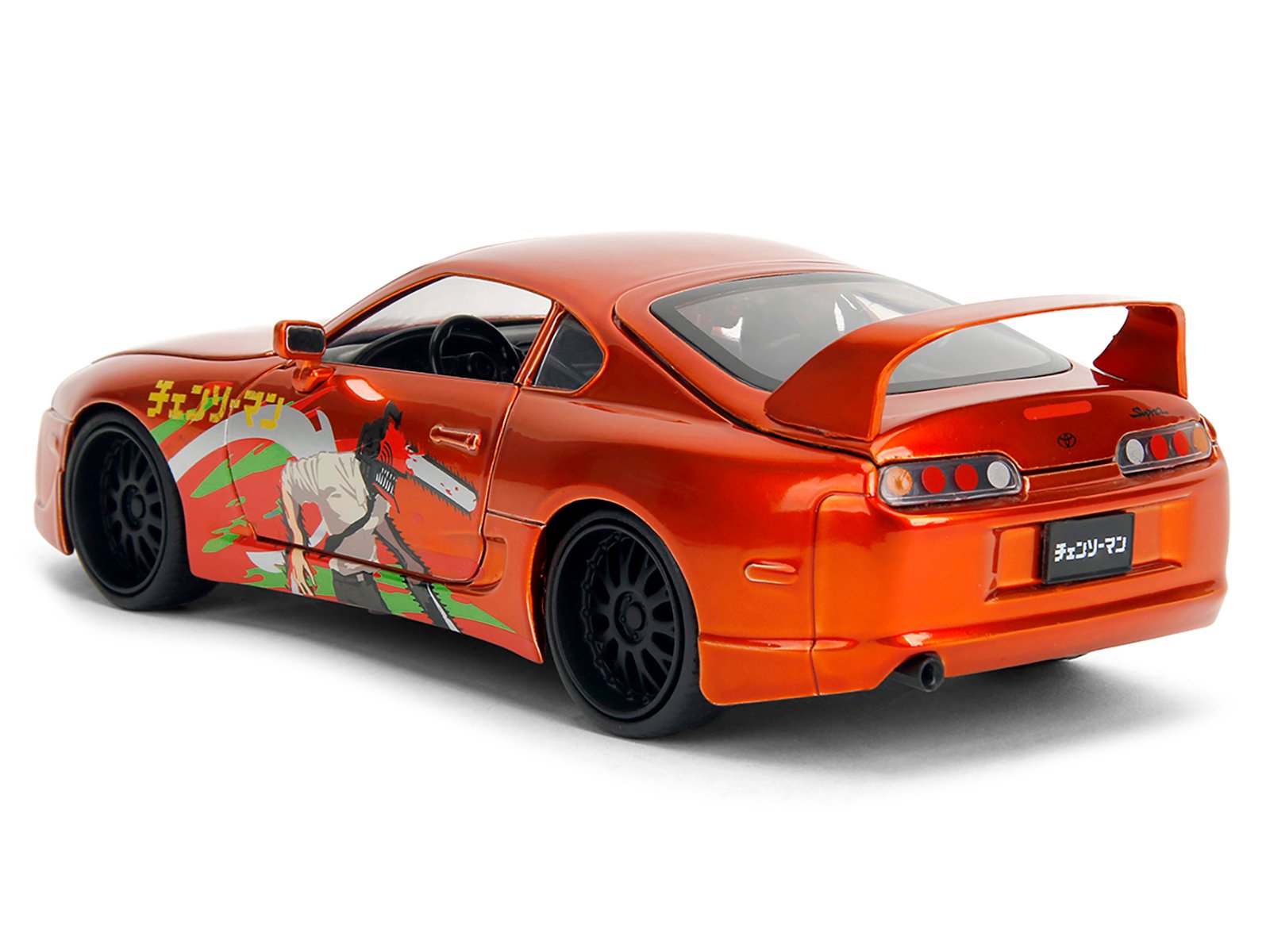 1995 Toyota Supra Orange Metallic with Graphics and Chainsaw Man Diecast Figure "Chainsaw Man" (2022) TV Series "Anime Hollywood Rides" Series 1/24 Diecast Model by Jada view 3