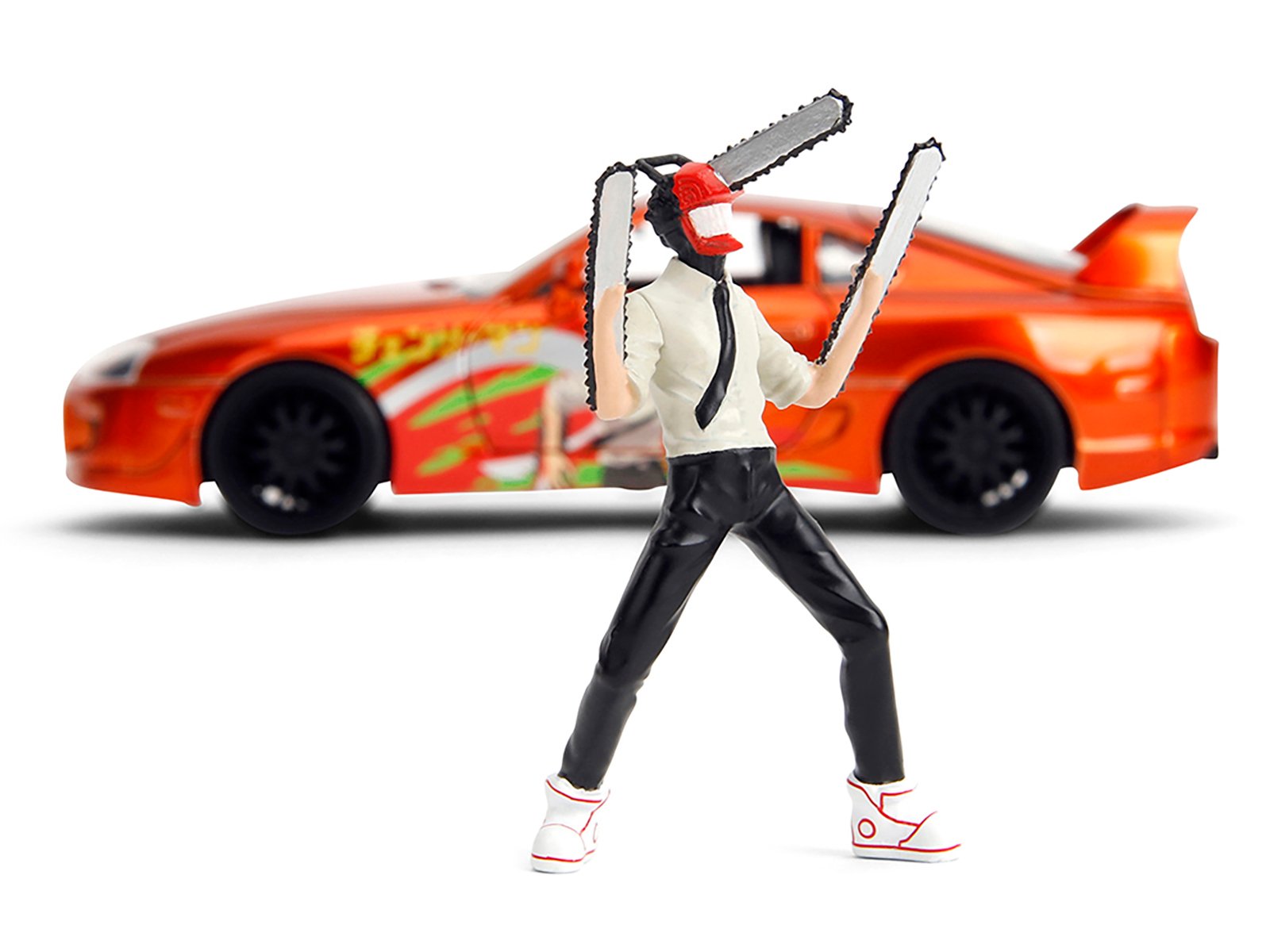 1995 Toyota Supra Orange Metallic with Graphics and Chainsaw Man Diecast Figure "Chainsaw Man" (2022) TV Series "Anime Hollywood Rides" Series 1/24 Diecast Model by Jada view 4