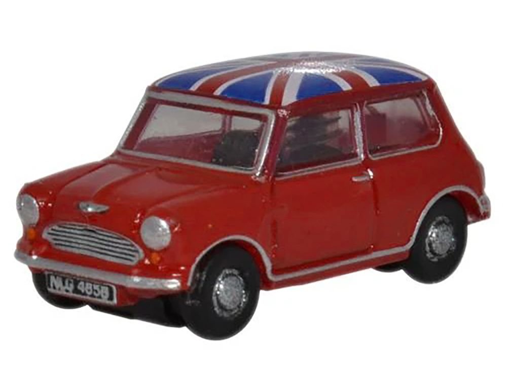 Austin Mini RHD (Right Hand Drive) Tartan Red with Union Jack Top 1/148 (N) Scale Diecast Model Car by Oxford Diecast view 2