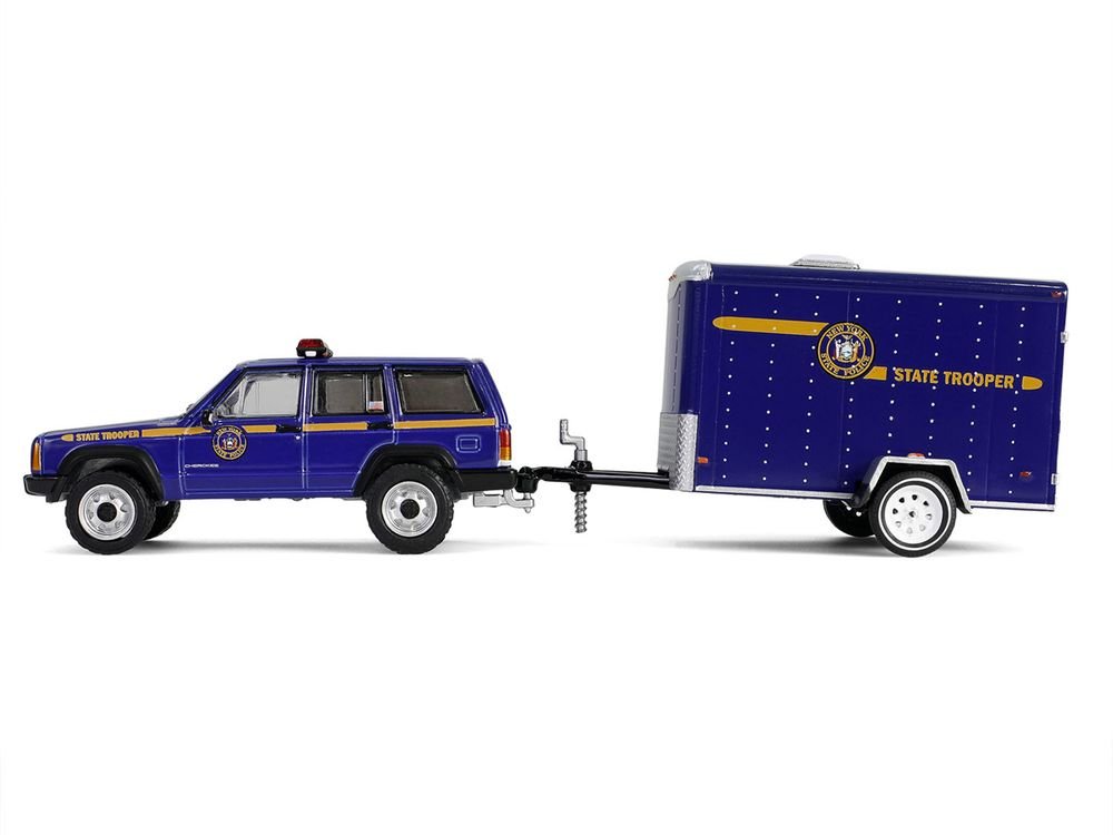 2001 Jeep Cherokee "New York State Police" Blue with Yellow Stripes and Small Cargo Trailer "Hot Pursuit Hitch & Tow" Series 1 1/64 Diecast Model Cars by Greenlight view 2