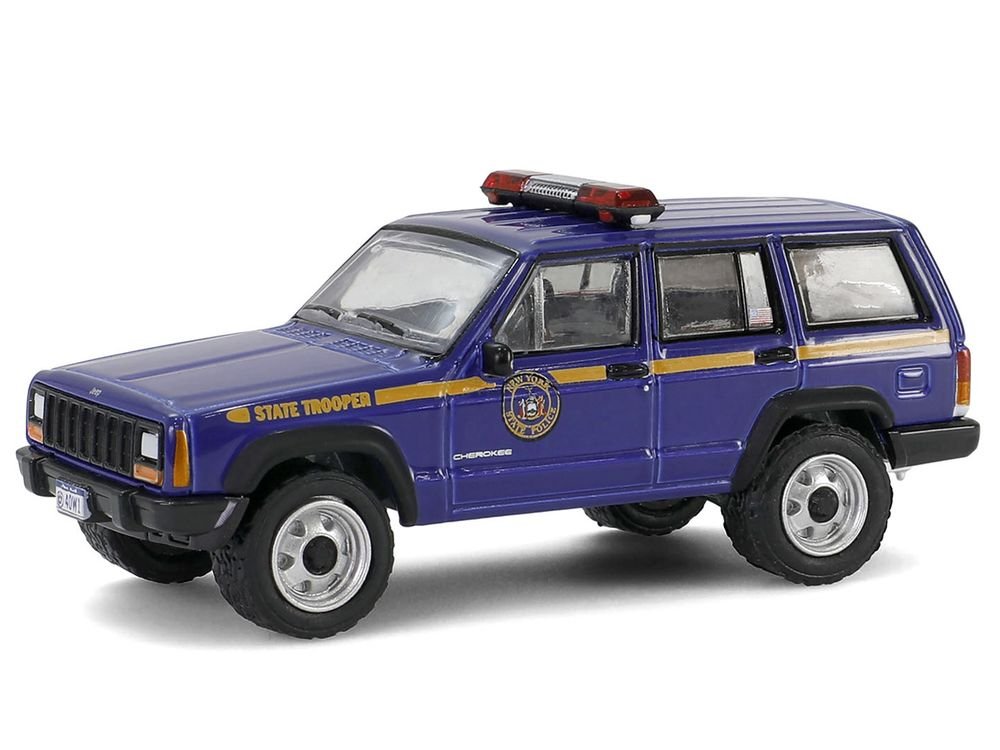 2001 Jeep Cherokee "New York State Police" Blue with Yellow Stripes and Small Cargo Trailer "Hot Pursuit Hitch & Tow" Series 1 1/64 Diecast Model Cars by Greenlight view 4