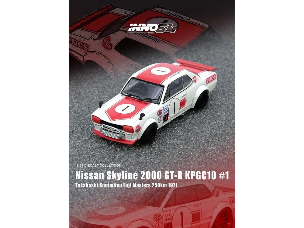 Nissan Skyline 2000 GT-R (KPGC10) #1 RHD (Right Hand Drive) Takahashi Kinimitsu "Fuji Masters 250km" (1971) 1/64 Diecast Model Car by Inno Models view 3