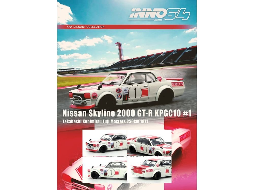 Nissan Skyline 2000 GT-R (KPGC10) #1 RHD (Right Hand Drive) Takahashi Kinimitsu "Fuji Masters 250km" (1971) 1/64 Diecast Model Car by Inno Models view 4