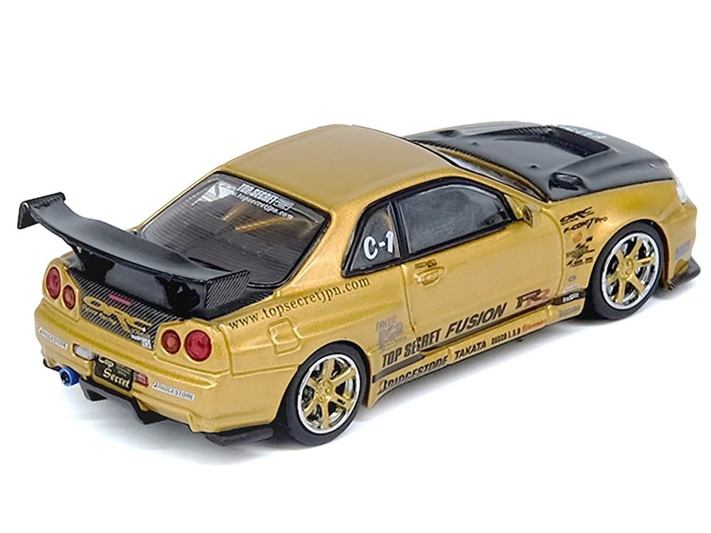 Nissan Skyline GT-R (R34) RHD (Right Hand Drive) "Top Secret" Gold Metallic with Carbon Hood and Trunk 1/64 Diecast Model Car by Inno Models view 2