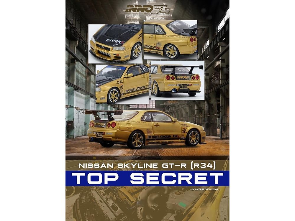 Nissan Skyline GT-R (R34) RHD (Right Hand Drive) "Top Secret" Gold Metallic with Carbon Hood and Trunk 1/64 Diecast Model Car by Inno Models view 3