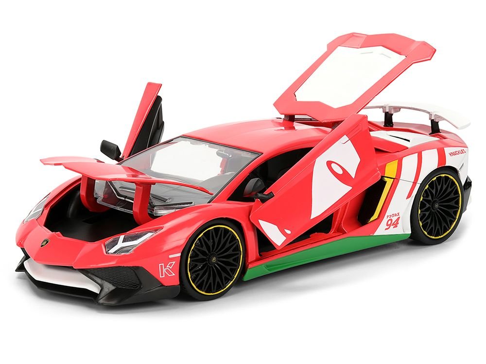 Lamborghini Aventador SV Red with Graphics and Knuckles Diecast Figure "Sonic The Hedgehog" Franchise "Hollywood Rides" Series 1/24 Diecast Model by Jada view 2