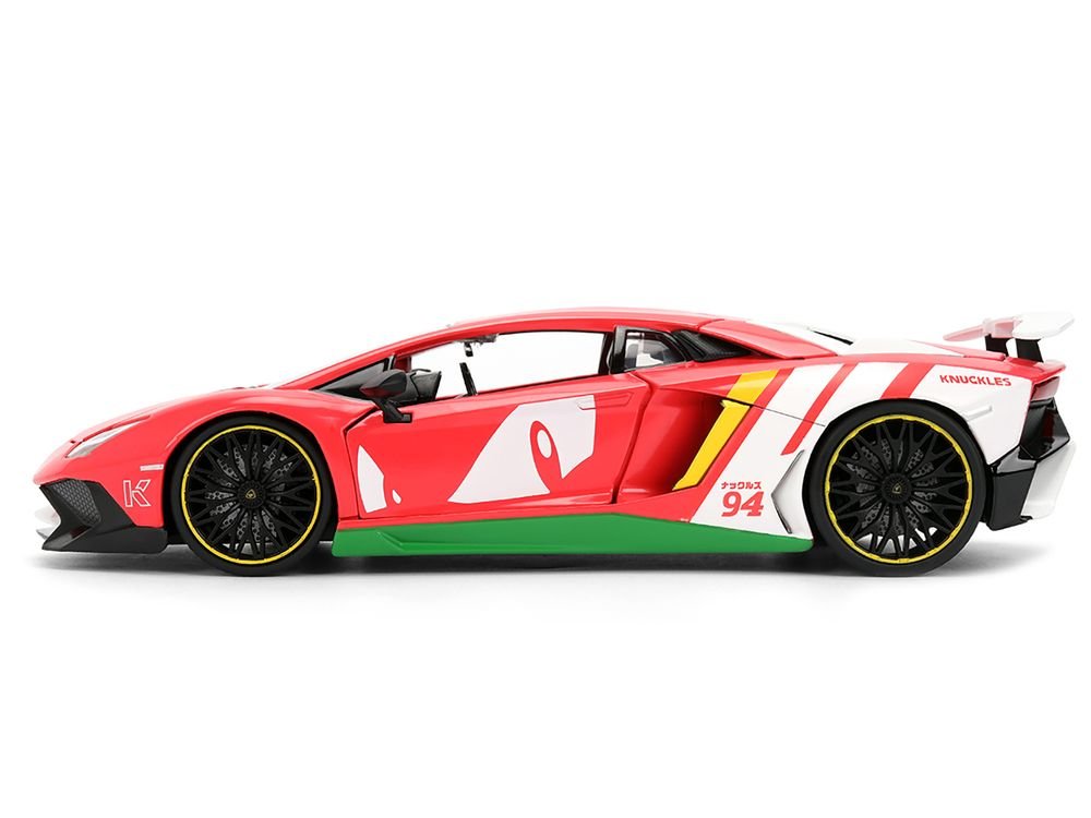 Lamborghini Aventador SV Red with Graphics and Knuckles Diecast Figure "Sonic The Hedgehog" Franchise "Hollywood Rides" Series 1/24 Diecast Model by Jada view 3