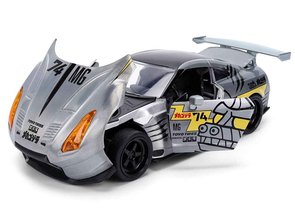 2009 Nissan GT-R (R35) Ben Sopra Brushed Metal with Black Top and Graphics and Mechagodzilla Diecast Figure "Godzilla" Franchise "Anime Hollywood Rides" Series 1/24 Diecast Model by Jada view 2