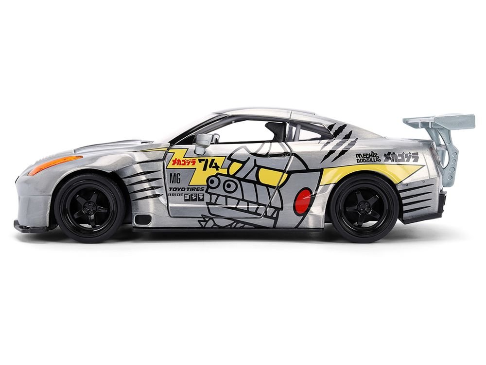 2009 Nissan GT-R (R35) Ben Sopra Brushed Metal with Black Top and Graphics and Mechagodzilla Diecast Figure "Godzilla" Franchise "Anime Hollywood Rides" Series 1/24 Diecast Model by Jada view 3