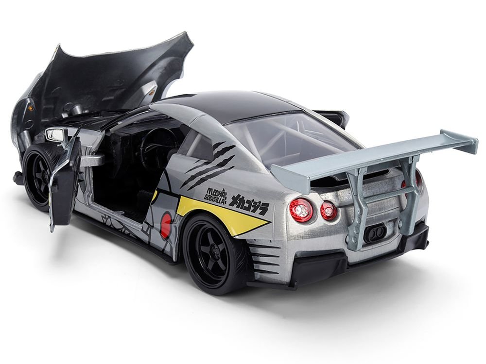 2009 Nissan GT-R (R35) Ben Sopra Brushed Metal with Black Top and Graphics and Mechagodzilla Diecast Figure "Godzilla" Franchise "Anime Hollywood Rides" Series 1/24 Diecast Model by Jada view 4