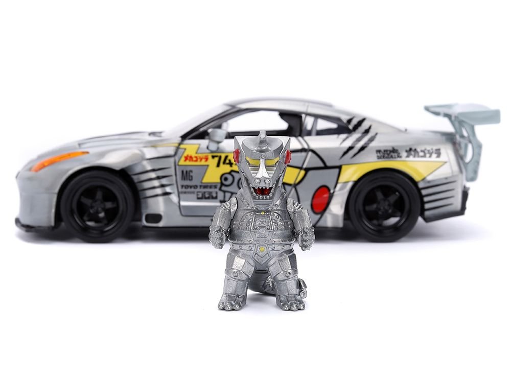 2009 Nissan GT-R (R35) Ben Sopra Brushed Metal with Black Top and Graphics and Mechagodzilla Diecast Figure "Godzilla" Franchise "Anime Hollywood Rides" Series 1/24 Diecast Model by Jada view 5