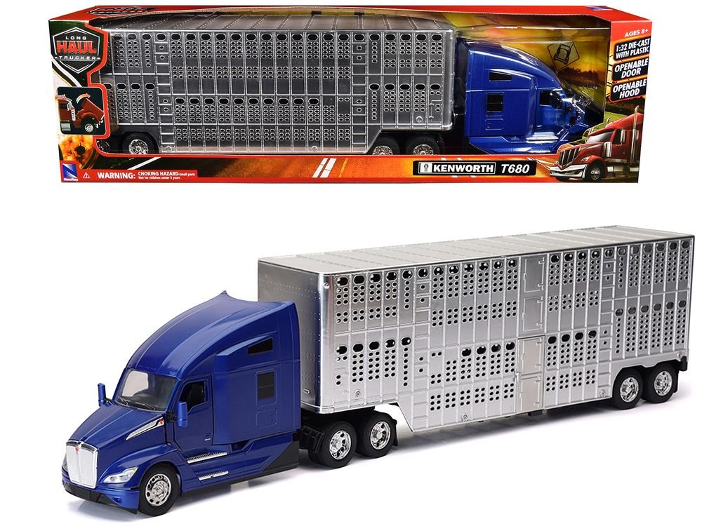 Kenworth T680 Truck Blue Metallic with Livestock Trailer Chrome "Long Haul Trucker" Series 1/32 Diecast Model by New Ray