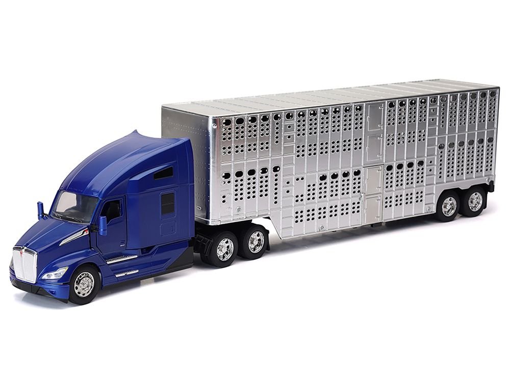 Kenworth T680 Truck Blue Metallic with Livestock Trailer Chrome "Long Haul Trucker" Series 1/32 Diecast Model by New Ray view 2
