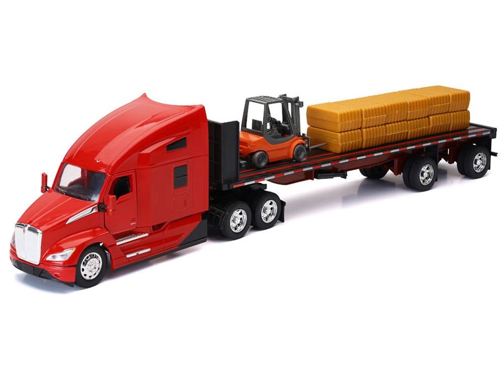 Kenworth T680 Truck Red and Flatbed Trailer with Forklift and Hay Load "Long Haul Trucker" Series 1/32 Diecast Model by New Ray view 2