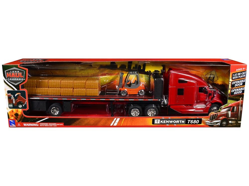 Kenworth T680 Truck Red and Flatbed Trailer with Forklift and Hay Load "Long Haul Trucker" Series 1/32 Diecast Model by New Ray view 3