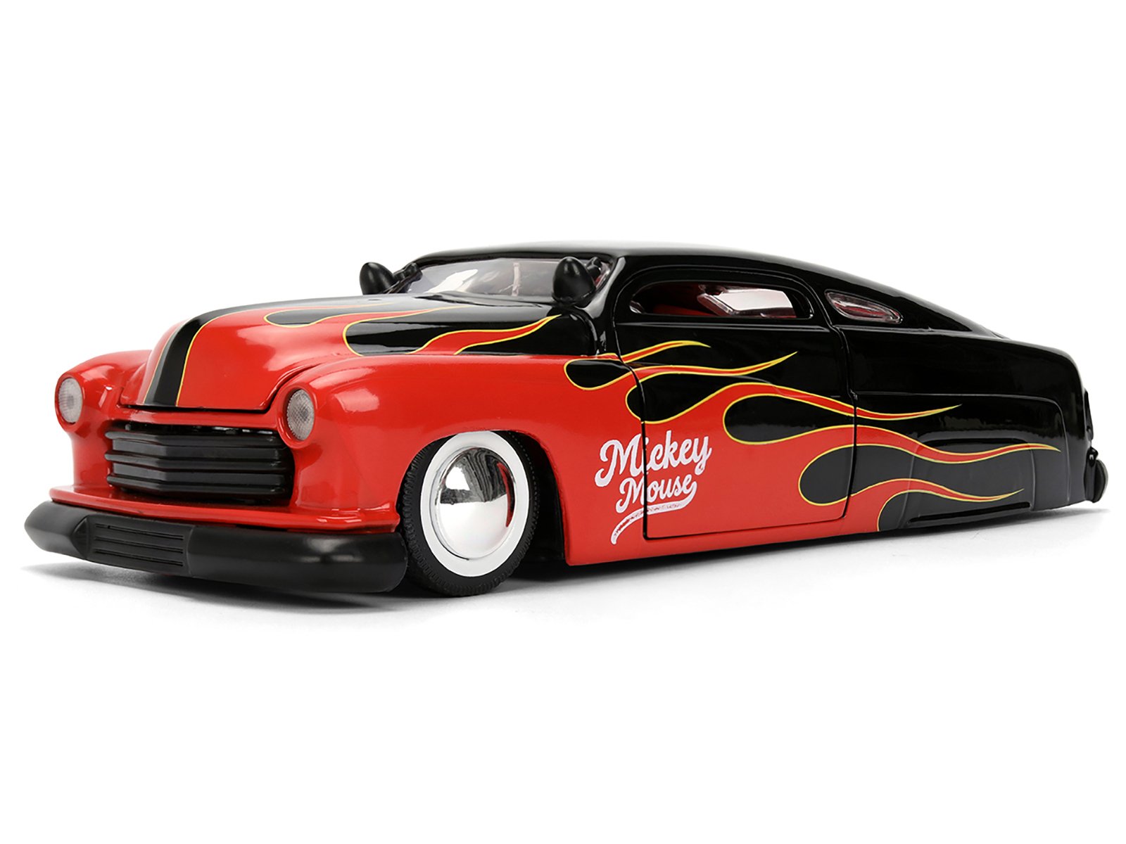 1951 Mercury Coupe Black with Flame Graphics and Red Interior and Mickey Mouse Diecast Figure "Disney's Mickey Mouse" "Hollywood Rides" Series 1/24 Diecast Model Car by Jada view 2