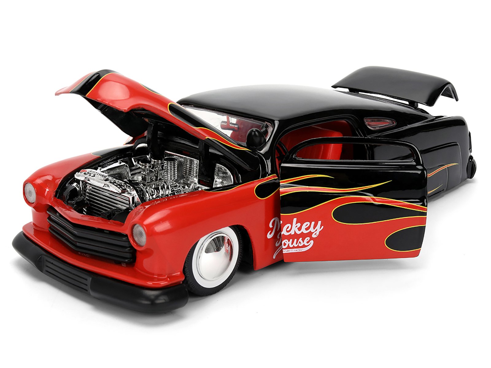 1951 Mercury Coupe Black with Flame Graphics and Red Interior and Mickey Mouse Diecast Figure "Disney's Mickey Mouse" "Hollywood Rides" Series 1/24 Diecast Model Car by Jada view 3