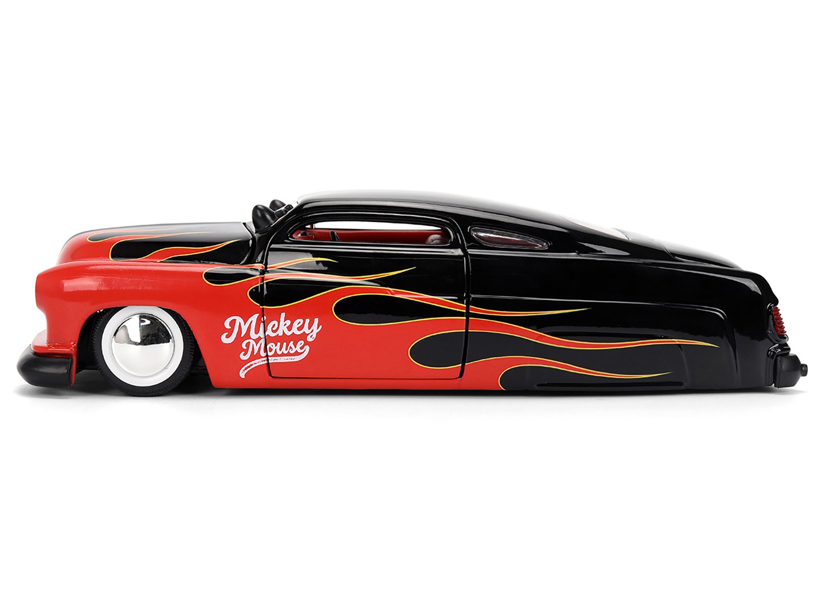 1951 Mercury Coupe Black with Flame Graphics and Red Interior and Mickey Mouse Diecast Figure "Disney's Mickey Mouse" "Hollywood Rides" Series 1/24 Diecast Model Car by Jada view 4