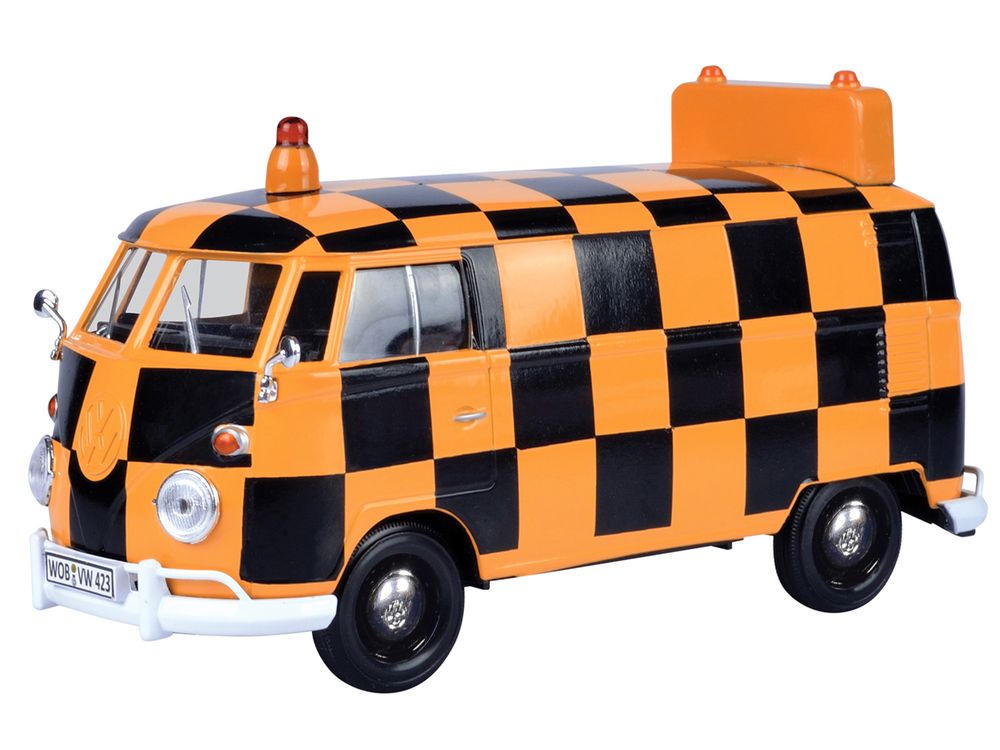 Volkswagen Type 2 (T1) Airport Runway Delivery Van Black and Orange Checkered 1/24 Diecast Model Car by Motormax view 2