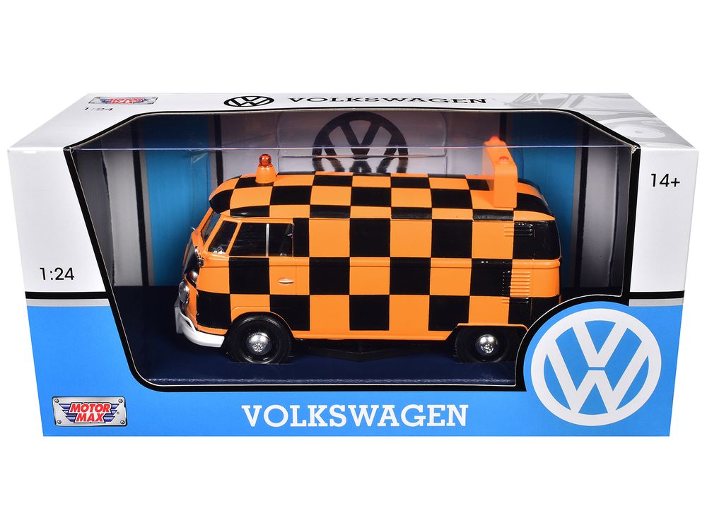 Volkswagen Type 2 (T1) Airport Runway Delivery Van Black and Orange Checkered 1/24 Diecast Model Car by Motormax view 3