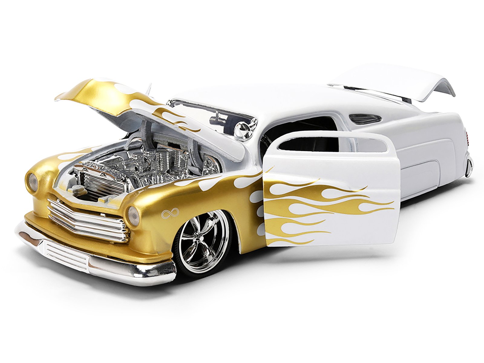 1951 Mercury Coupe White with Gold Flames "Bigtime Muscle" Series 1/24 Diecast Model Car by Jada view 2