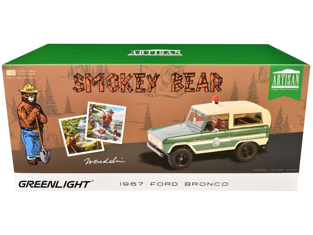 1967 Ford Bronco "Smokey Bear Forest Ranger" Green and Cream with White Stripes "Artisan Collection" 1/18 Diecast Model Car by Greenlight view 3