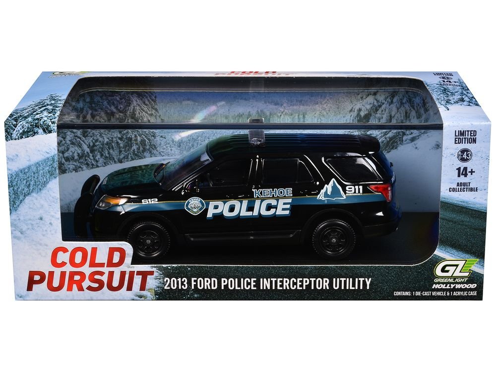 2013 Ford Police Interceptor Utility "Kehoe Police Department Kehoe Colorado" Black with White Stripes "Cold Pursuit" (2019) Movie 1/43 Diecast Model Car by Greenlight view 2