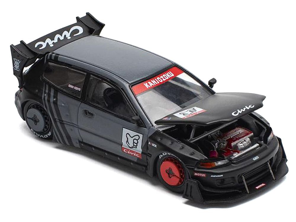Pandem Civic EG6 RHD (Right Hand Drive) "Kanjozoku" Matt Black and Gray with Graphics 1/64 Diecast Model Car by Pop Race view 2