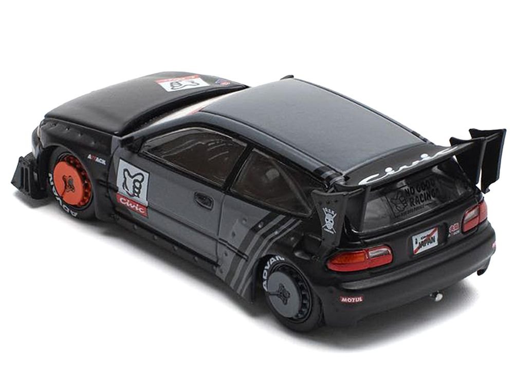 Pandem Civic EG6 RHD (Right Hand Drive) "Kanjozoku" Matt Black and Gray with Graphics 1/64 Diecast Model Car by Pop Race view 3