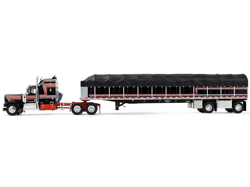 Kenworth W900A with 60" Aerodyne Sleeper and 53’ Wilson Roadbrute Flatbed Trailer with Covered Wagon Black with Red Stripes 1/64 Diecast Model by DCP/First Gear view 3