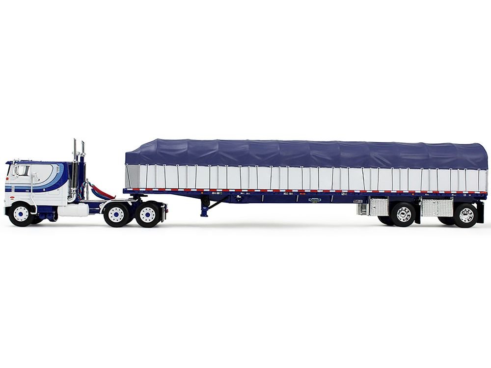 Peterbilt 352 COE 110" Sleeper and 53’ Wilson Roadbrute Flatbed Trailer with Covered Wagon White with Blue Stripes 1/64 Diecast Model by DCP/First Gear view 3