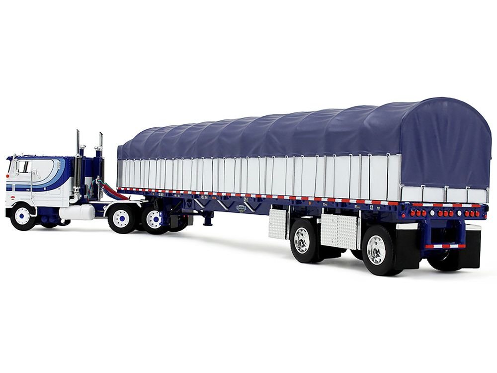 Peterbilt 352 COE 110" Sleeper and 53’ Wilson Roadbrute Flatbed Trailer with Covered Wagon White with Blue Stripes 1/64 Diecast Model by DCP/First Gear view 4