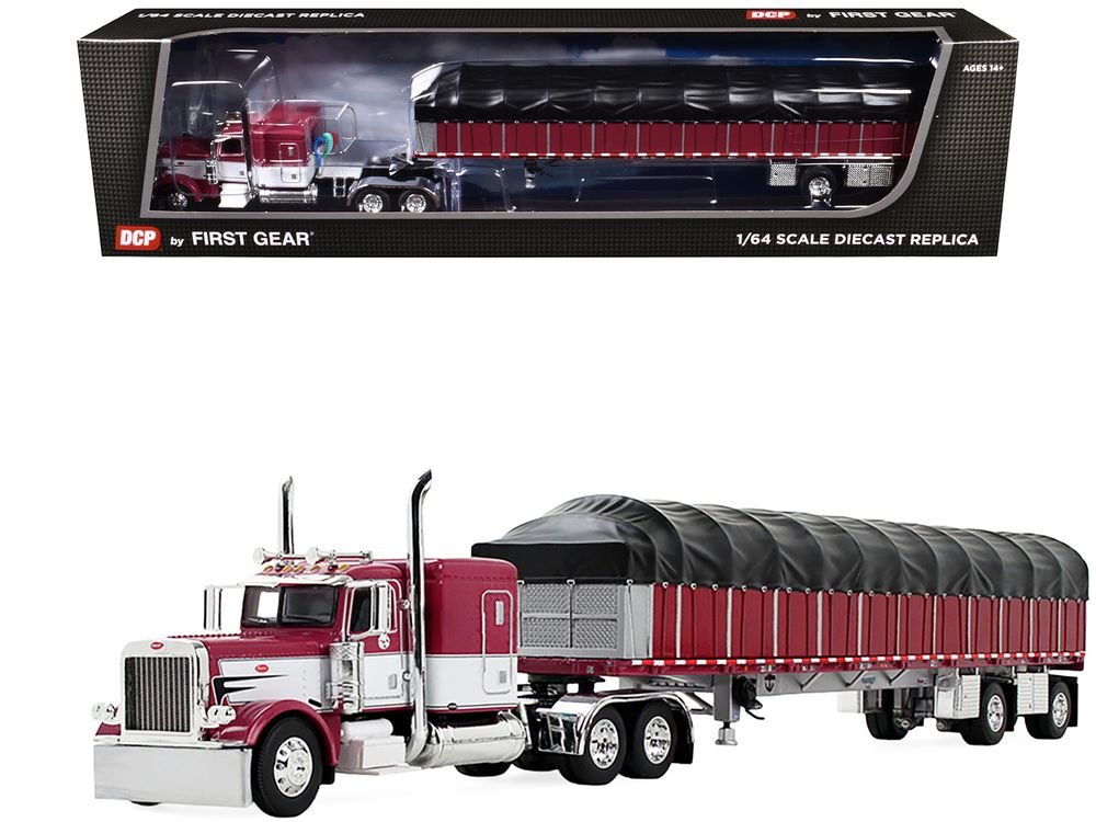 Peterbilt 389 with 63" Flat Top Sleeper and 53’ Wilson Roadbrute Flatbed Trailer with Covered Wagon Maroon with White Stripes 1/64 Diecast Model by DCP/First Gear
