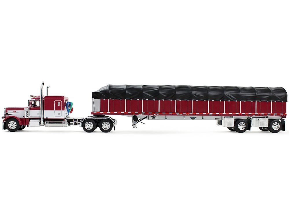 Peterbilt 389 with 63" Flat Top Sleeper and 53’ Wilson Roadbrute Flatbed Trailer with Covered Wagon Maroon with White Stripes 1/64 Diecast Model by DCP/First Gear view 2
