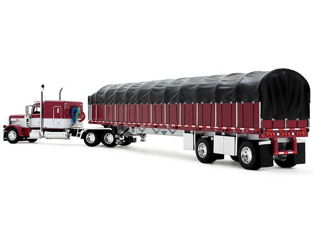 Peterbilt 389 with 63" Flat Top Sleeper and 53’ Wilson Roadbrute Flatbed Trailer with Covered Wagon Maroon with White Stripes 1/64 Diecast Model by DCP/First Gear view 3