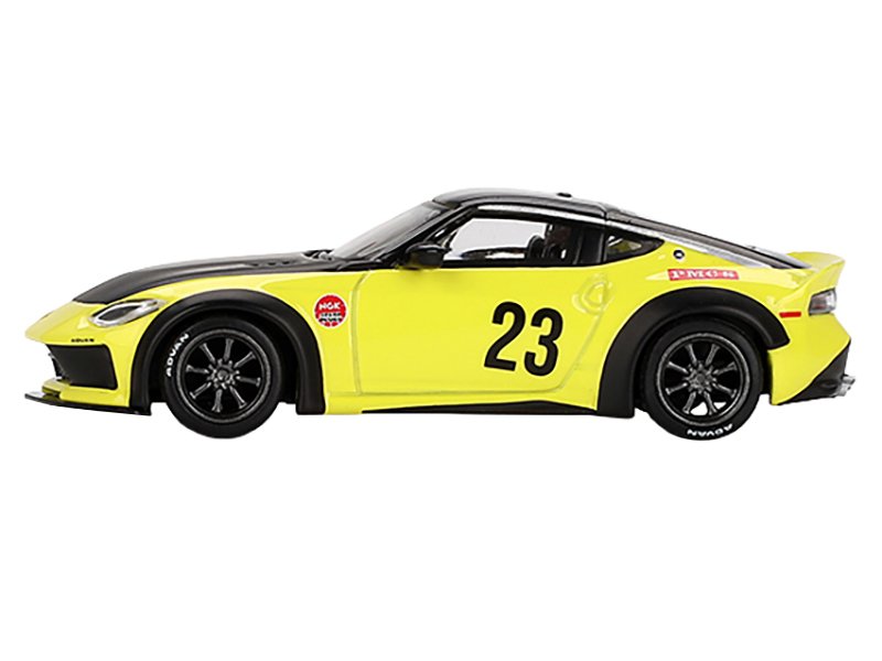 Nissan Z "LB-Nation Works" #23 Ikazuchi Yellow with Black Hood and Top Limited Edition 1/64 Diecast Model Car by Mini GT view 2