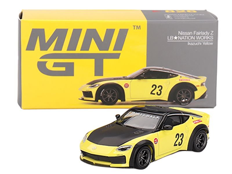 Nissan Z "LB-Nation Works" #23 Ikazuchi Yellow with Black Hood and Top Limited Edition 1/64 Diecast Model Car by Mini GT view 4