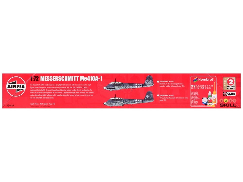 Level 2 Model Kit Messerschmitt Me410A-1 Fighter Aircraft with 2 Scheme Options 1/72 Plastic Model Kit by Airfix view 2