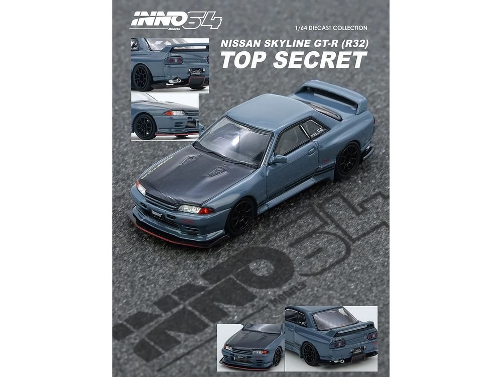 Nissan Skyline "Top Secret" GT-R (R32) RHD (Right Hand Drive) Stealth Gray with Carbon Hood 1/64 Diecast Model Car by Inno Models view 2