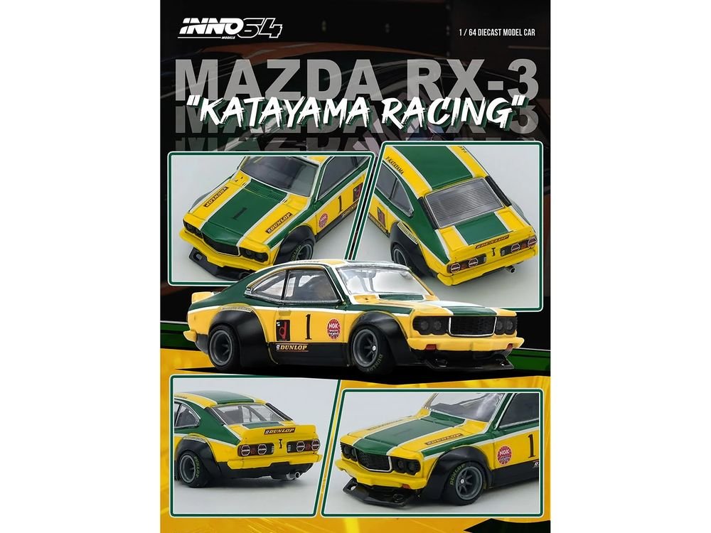 Mazda RX-3 Savanna RHD (Right Hand Drive) #1 "Katayama Racing Livery" Green and Yellow Striped 1/64 Diecast Model Car by Inno Models view 2