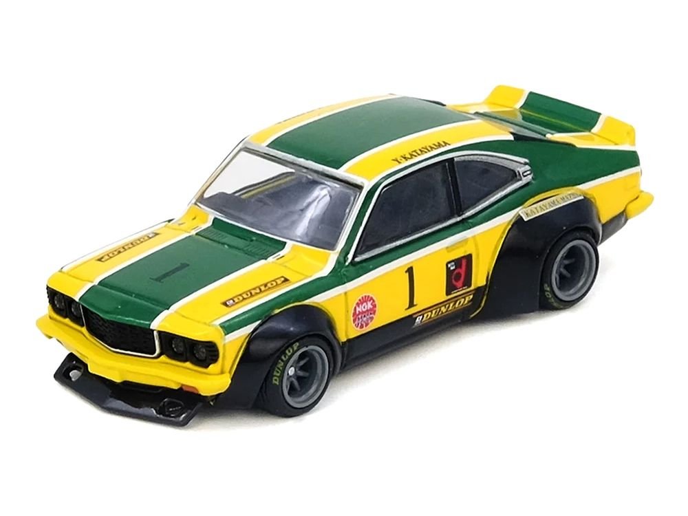 Mazda RX-3 Savanna RHD (Right Hand Drive) #1 "Katayama Racing Livery" Green and Yellow Striped 1/64 Diecast Model Car by Inno Models view 3