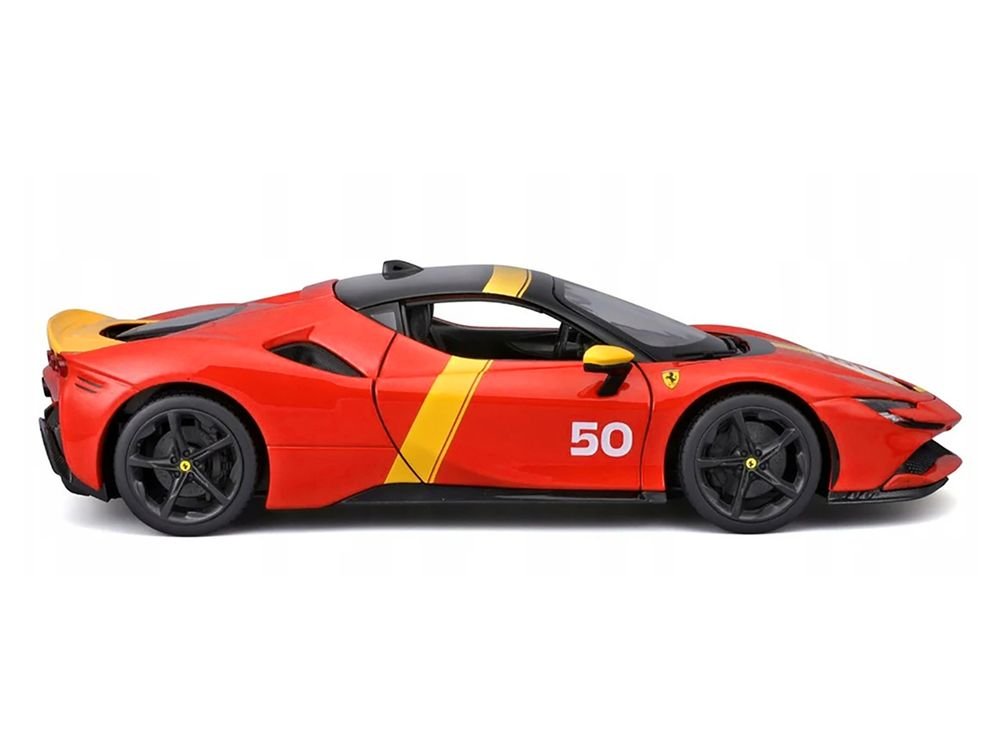 Ferrari SF90 Stradale Assetto Fiorano #50 Red with Black Top and Yellow Stripes "Race + Play" Series 1/18 Diecast Model Car by Bburago view 3