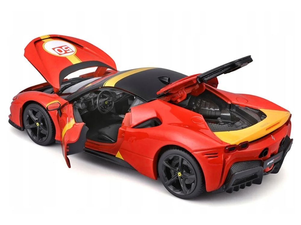 Ferrari SF90 Stradale Assetto Fiorano #50 Red with Black Top and Yellow Stripes "Race + Play" Series 1/18 Diecast Model Car by Bburago view 4