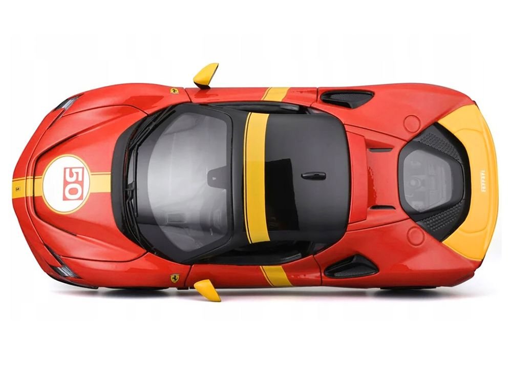 Ferrari SF90 Stradale Assetto Fiorano #50 Red with Black Top and Yellow Stripes "Race + Play" Series 1/18 Diecast Model Car by Bburago view 5