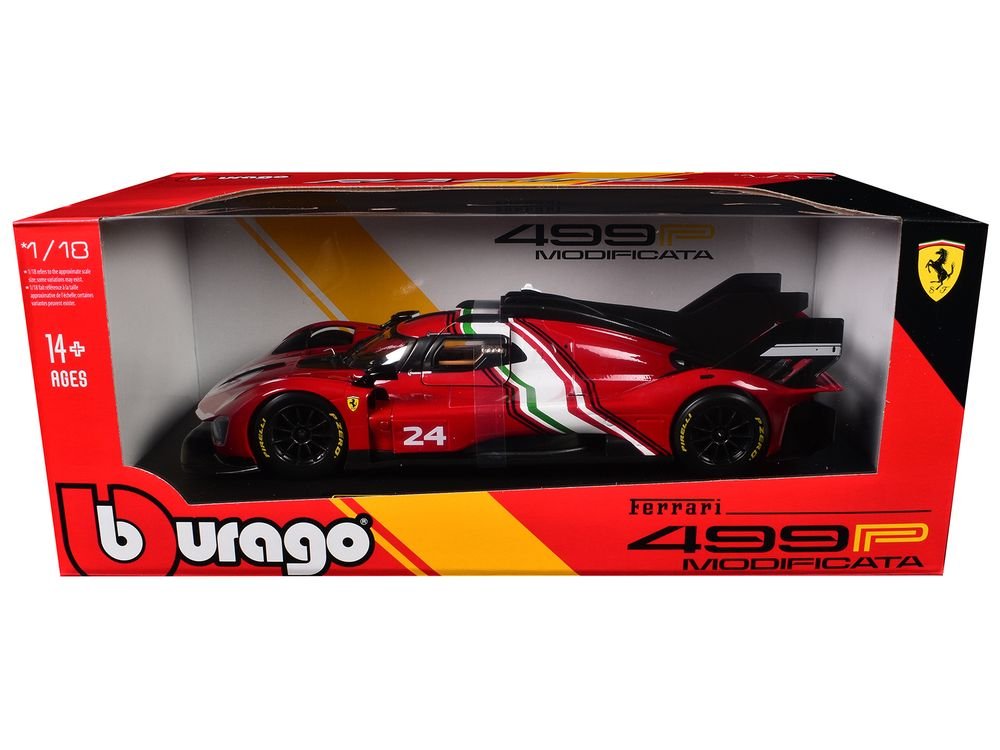 Ferrari 499P Modificata #24 Red with Italian Flag Stripes "Racing" Series 1/18 Diecast Model Car by Bburago view 3