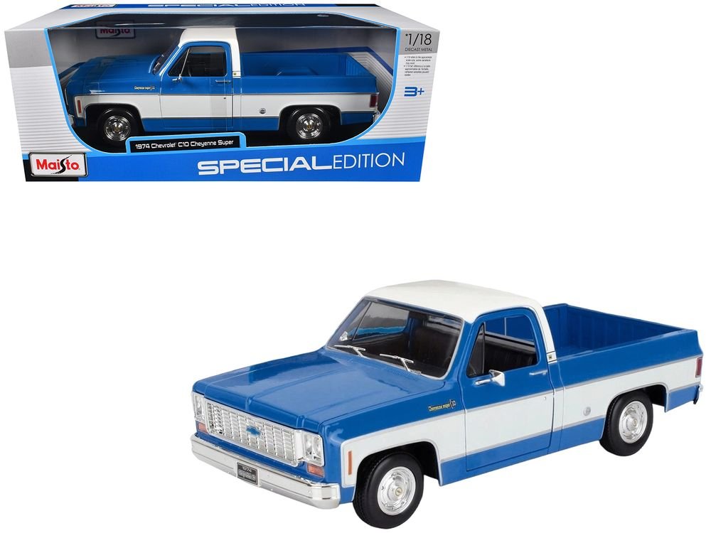 1974 Chevrolet C10 Cheyenne Super Pickup Truck Blue and White "Special Edition" Series 1/18 Diecast Model Car by Maisto