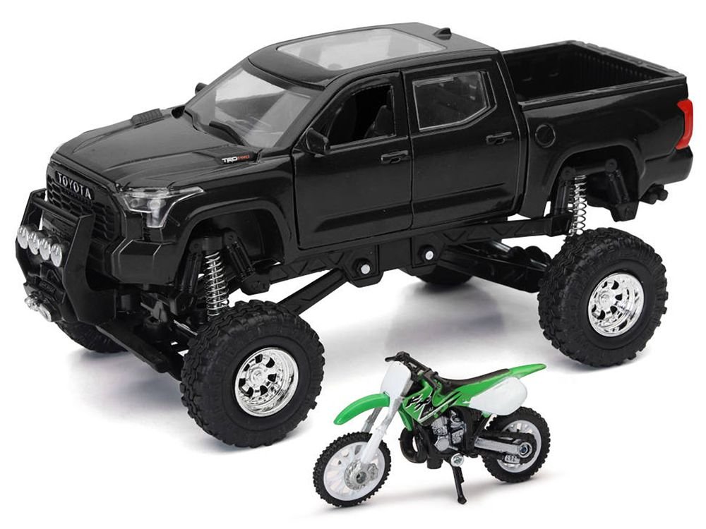 Toyota Tundra Pro Pickup Truck Black and Kawasaki KX 250 Motorcycle Green and White "Xtreme Off-Road" Series 1/32 Diecast Models by New Ray view 2
