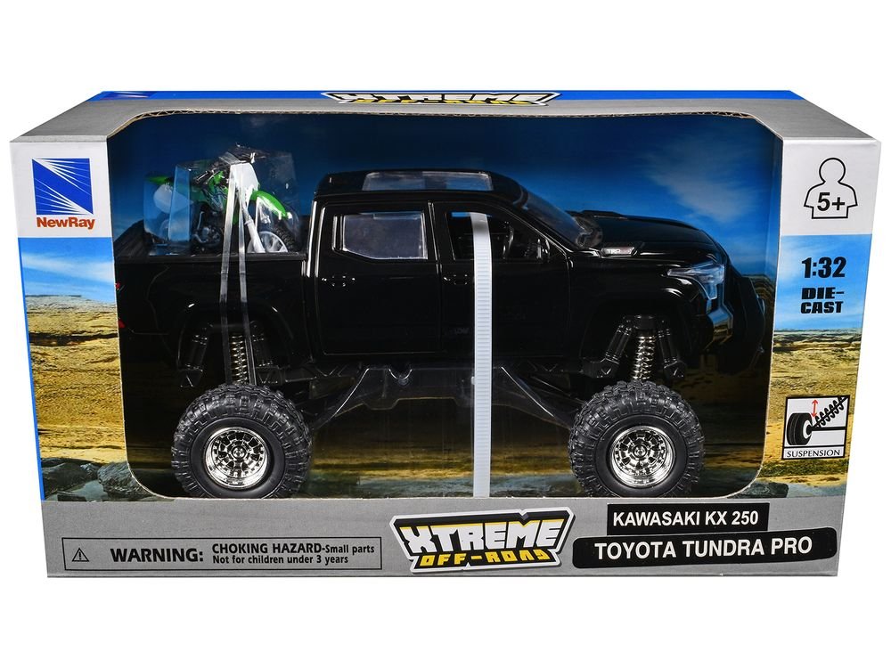 Toyota Tundra Pro Pickup Truck Black and Kawasaki KX 250 Motorcycle Green and White "Xtreme Off-Road" Series 1/32 Diecast Models by New Ray view 3