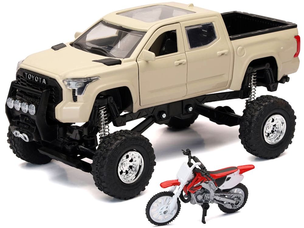 Toyota Tundra Pro Pickup Truck Tan and Honda CR250R Motorcycle Red and White "Xtreme Off-Road" Series 1/32 Diecast Models by New Ray view 2